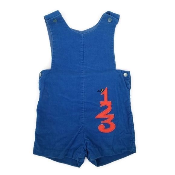 Vintage Grace 60s Toddlers 4T Blue Corduroy‎ Overalls Shortalls 123 Patch - Picture 2 of 9